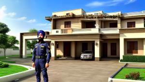 rich home with z    security and thundering weather with fighter plane in sky and commando in home and a sikh boy standing in gardan