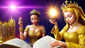 create a queen putting on a golden dress and a golden crown reading a book titled wisdom for queens with a bright light shining over her