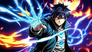 A anime guy with blue fire powers