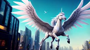 A white pegasus flying through a futuristic city