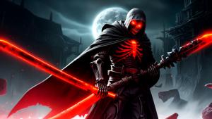 a skeleton covered in a black robe with glowing red eyes and a large sword over his shoulder that is covered in blood