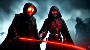 a skeleton covered in a black robe with glowing red eyes and a large sword over his shoulder that is covered in blood