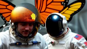 An astronaut with a butterfly in his helmet