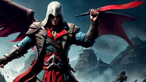 A strong avatar, Assassin’s Creed Valhalla from the chest up and looking straight ahead, with his cape on against a black background. The colors of the clothing are a combination of red and yellow, and the background is a combination of black and red with a hawk behind it.