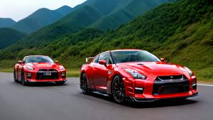 Nissan gtr in the great mountains of japanWith flying dinosaurs