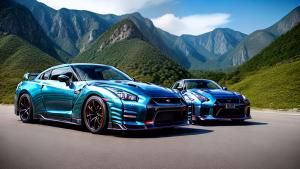 Nissan gtr in the great mountains of japanWith flying dinosaurs