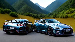 Nissan gtr in the great mountains of japanWith flying dinosaurs