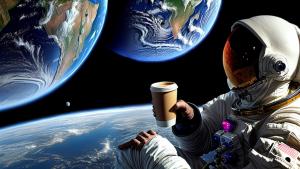 an astronaut looking at earth from the moon while drinking coffee