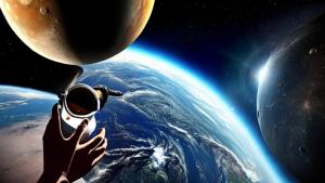 an astronaut looking at earth from the moon while drinking coffee