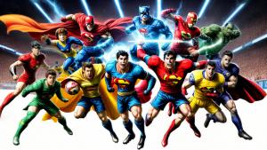 I would like a working image with an action into it make it have super heroes football stars and cartoon characters