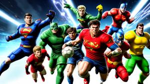 I would like a working image with an action into it make it have super heroes football stars and cartoon characters