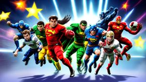 I would like a working image with an action into it make it have super heroes football stars and cartoon characters