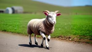 A sheep wearing a T-shirt is happy and running