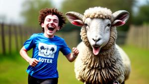 A sheep wearing a T-shirt is happy and running