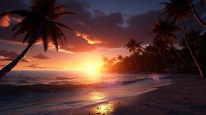 Amazing sunset in a beach with palm trees. Ultrarealistic, 4k.