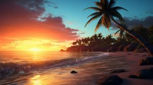 Amazing sunset in a beach with palm trees. Ultrarealistic, 4k.