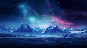 Night sky, snowy mountains, northern lights. Ultrarealistic, 4k