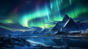 Night sky, snowy mountains, northern lights. Ultrarealistic, 4k