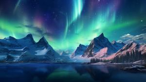 Night sky, snowy mountains, northern lights. Ultrarealistic, 4k