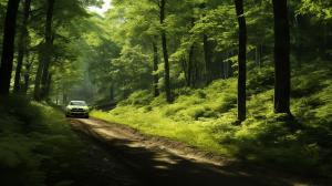 rally car going through lush green forest