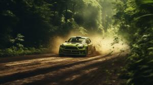 rally car going through lush green forest