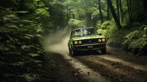 rally car going through lush green forest