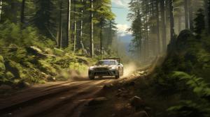 rally car going through lush green forest