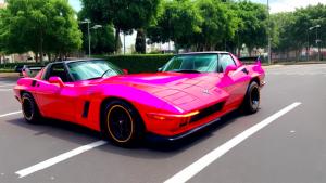 un Corvette C2 con estilo neón y una vista frontal diagonal en una ciudad