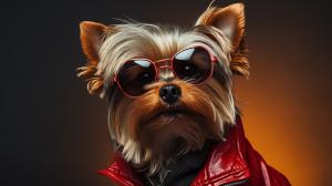 Yorkie in sunglasses and red jacket.