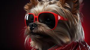 Yorkie in sunglasses and red jacket.