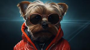 Yorkie in sunglasses and red jacket.