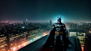 Batman on a rooftop in the rain at night