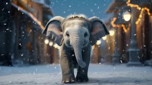 cute gray elephant in the middle of the street under the snow, with snowflakes