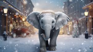 cute gray elephant in the middle of the street under the snow, with snowflakes