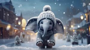 cute gray elephant in the middle of the street under the snow, with snowflakes