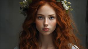 high texture quality portrait of a young woman with freckles and crystal blue eyes with wreath in her hair, 4k