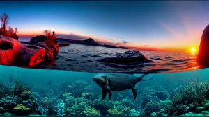 Strange Animals in the Deep See in a Sunset Panorama