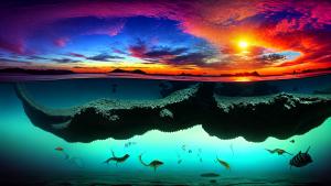 Strange Animals in the Deep See in a Sunset Panorama