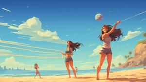 Beach guys and girls in swim suit playing volleyball.