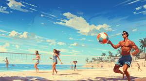 Beach guys and girls in swim suit playing volleyball.