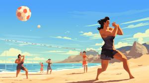 Beach guys and girls in swim suit playing volleyball.