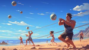 Beach guys and girls in swim suit playing volleyball.