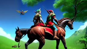 elves sit on flying horses and circle the earth