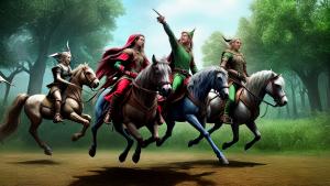 elves sit on flying horses and circle the earth