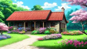 Cottage in the country with beautiful flowers all around it in anime art style