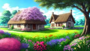 Cottage in the country with beautiful flowers all around it in anime art style