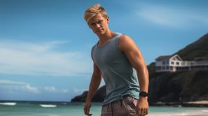 Handsome blonde guy. Short hair, blue eyes, toned, full body. He is in a swim short on the beach.