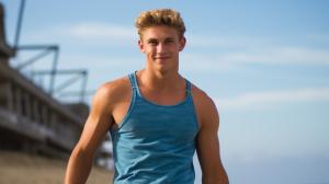 Handsome blonde guy. Short hair, blue eyes, toned, full body. He is in a swim short on the beach.