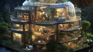 hexagonal house in paradise with balcony around each floor , three floor building all glass, near a cascading waterfall. with real elephants and lions and white tiger and horses.