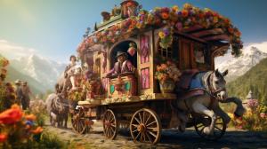 traditional gypsy caravan being driven by a man wearing a checkered shirt and tie, looking smart, paradise with beautiful happy people living in peace.